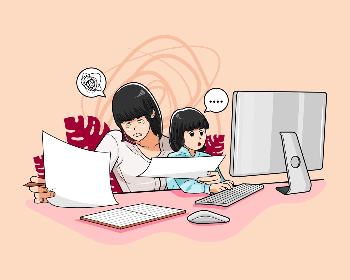 Tired mother working online with her daughter at home vector illustration pro download