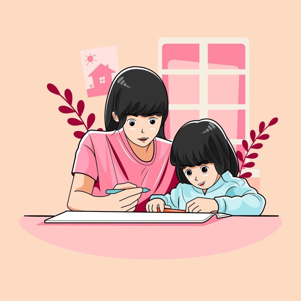 Mother teaches her daughter to recognize colors vector illustration free download