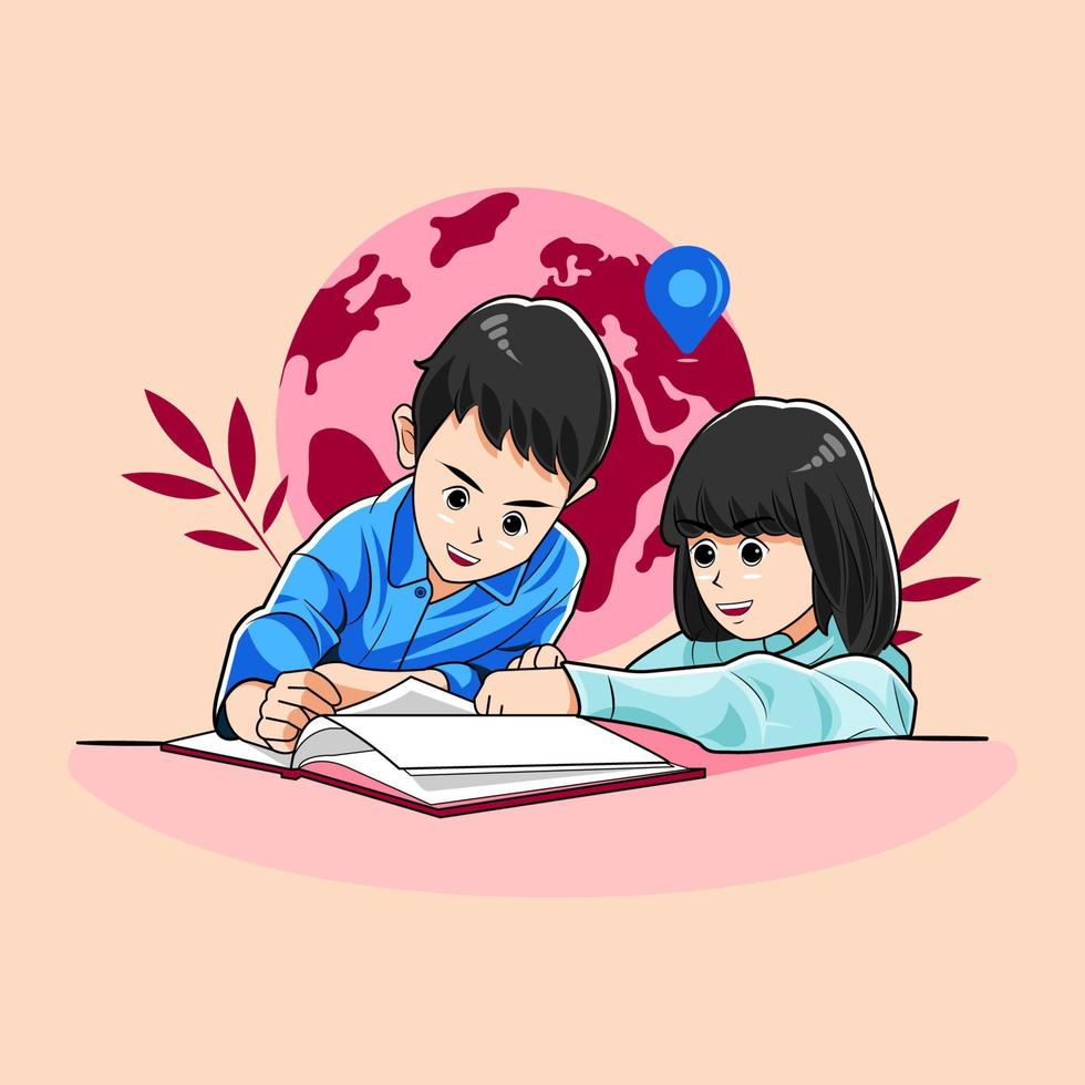 Older brother teaches his younger sister to study vector illustration free download