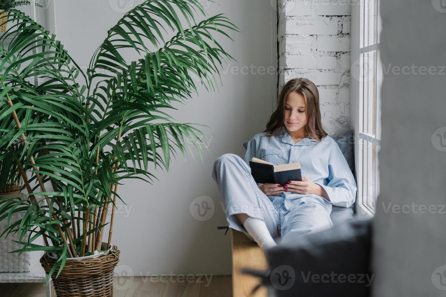 Shot of serious concentrated female student focused into textbook, wears pyjamas, sits on window sill in cozy room with green plant, prepares for classes. People, reading and coziness concept photo