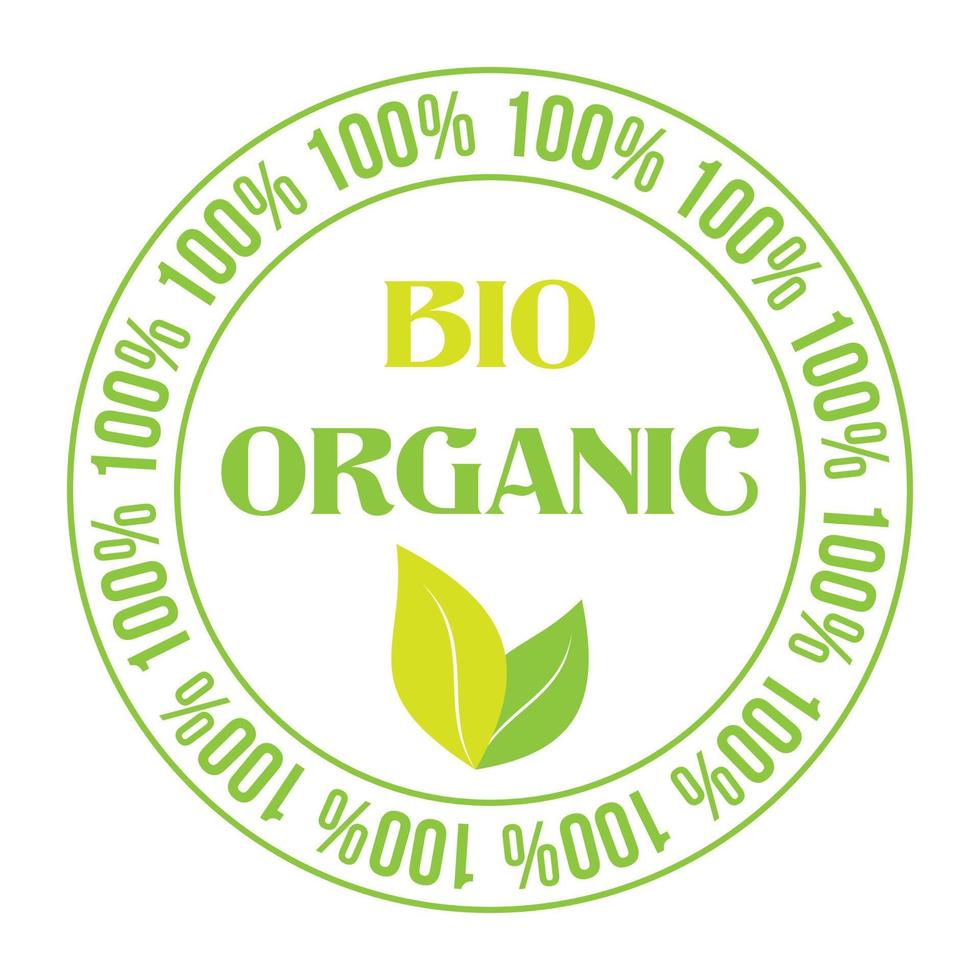 Signo de vector 100 por ciento bio orgánico. insignia de etiqueta de comida orgánica vegetariana con hoja. símbolo vegano natural verde