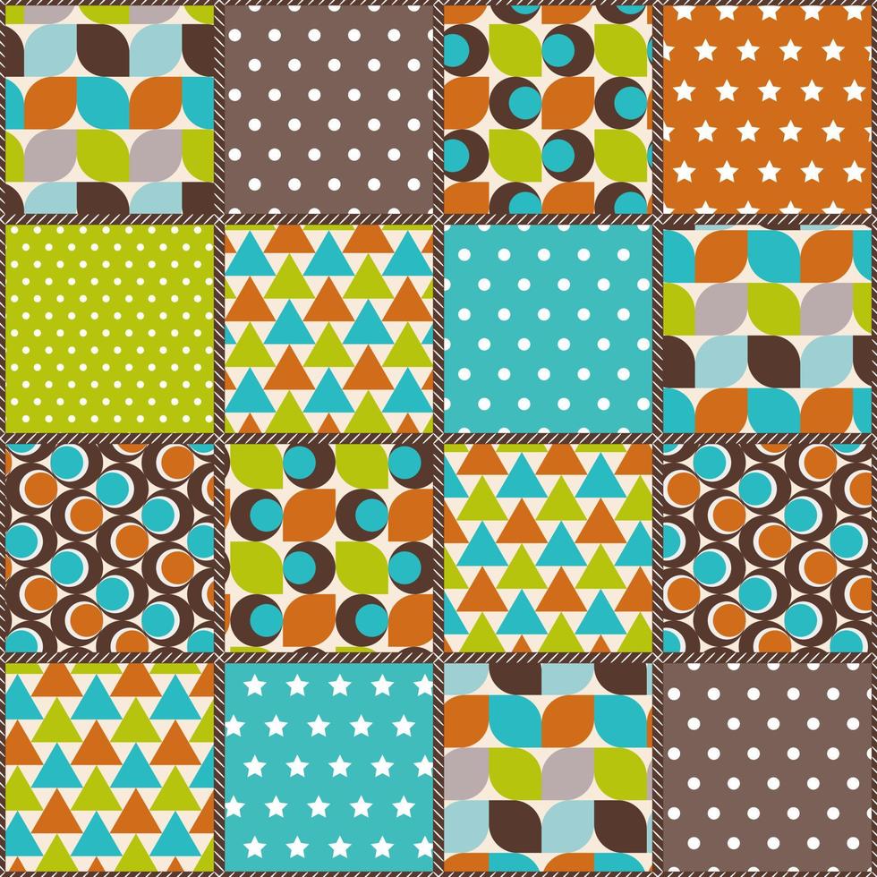 Mid century modern patchwork pattern. Quilt design from stitched squares. Colorful background for bedding, tablecloth, oilcloth or other textile design in retro style vector