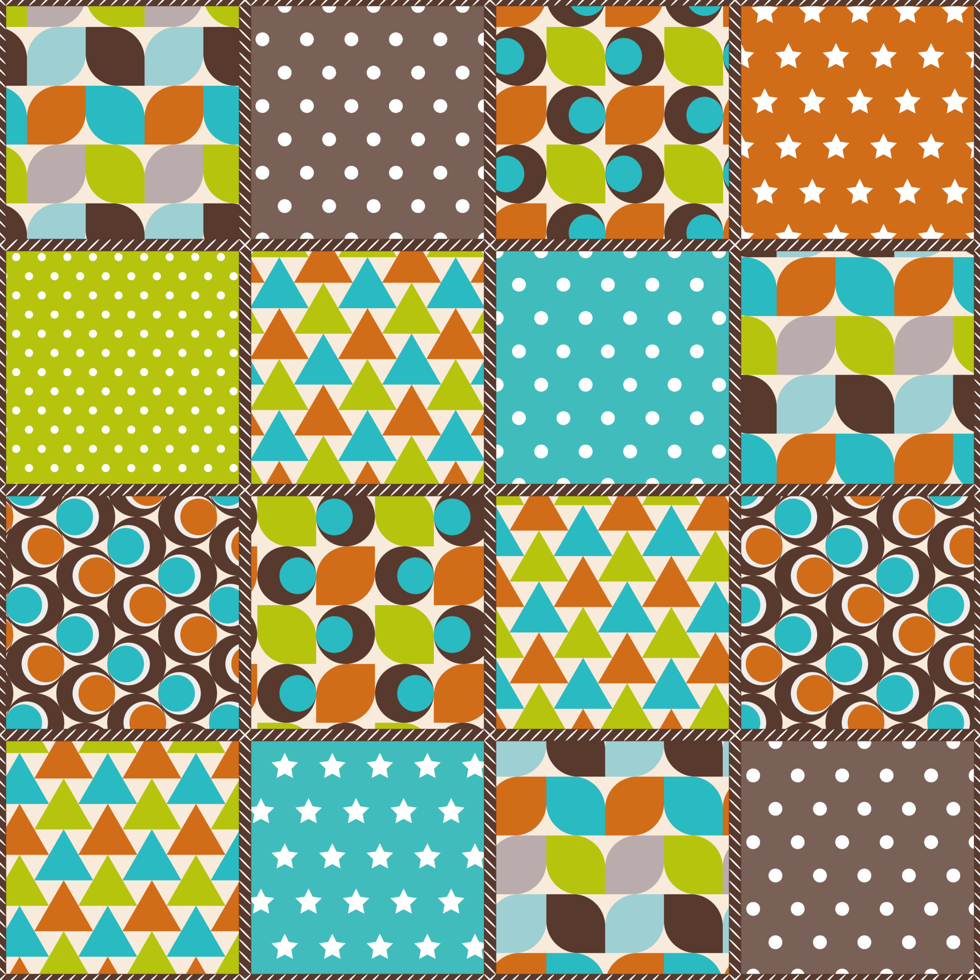 Mid century modern patchwork pattern. Quilt design from stitched