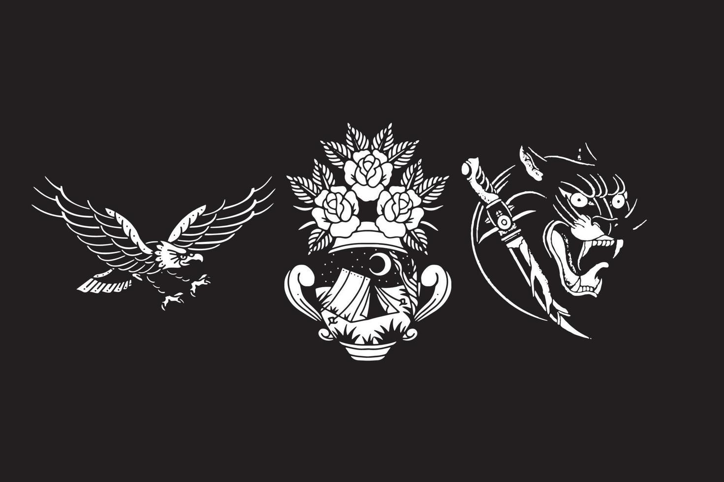 vector design black and white eagle, flower and head black panther set