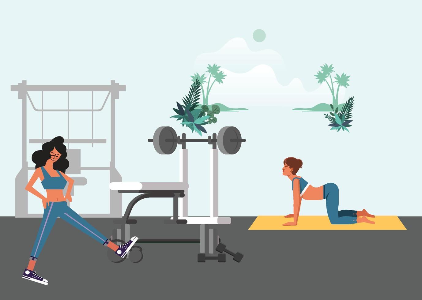 two ladies working out in a gym vector