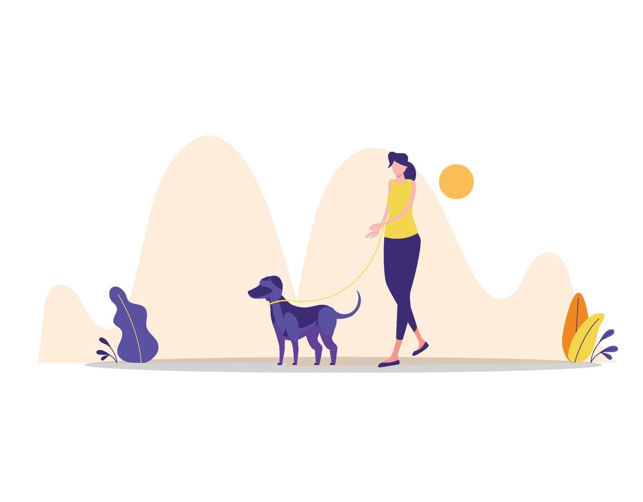 mujer joven pasea al perro diseño plano vector