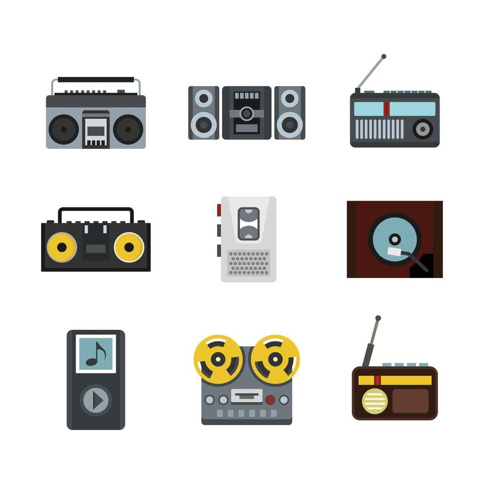 Record player icon set, flat style vector