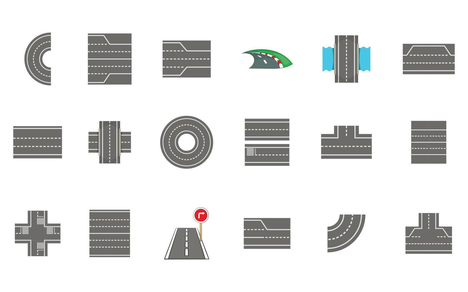 Roads icon set, cartoon style vector