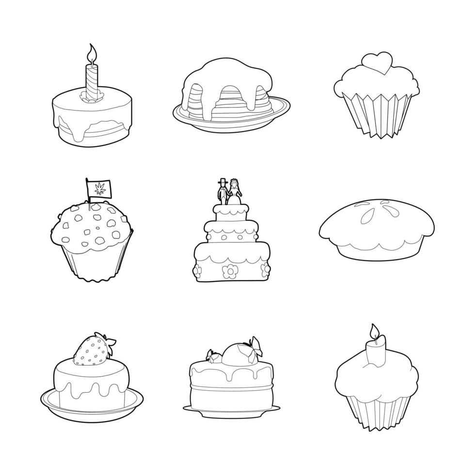 Cake icon set, outline style vector