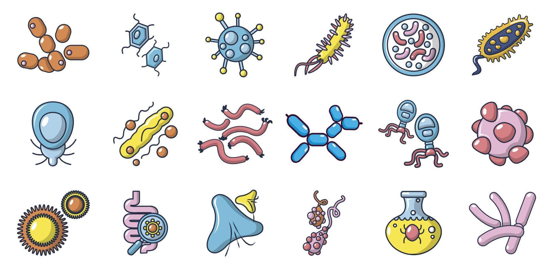 Virus icon set, cartoon style vector