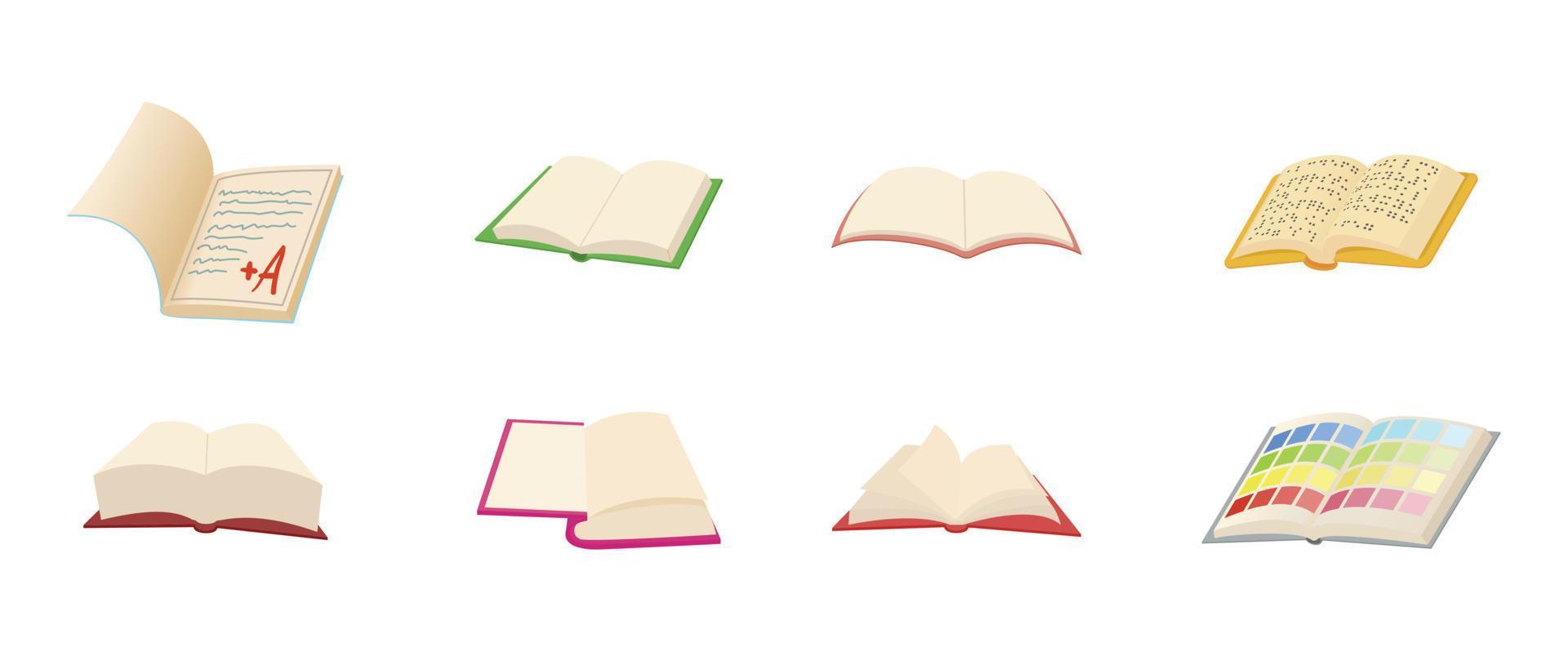 Open book icon set, cartoon style vector