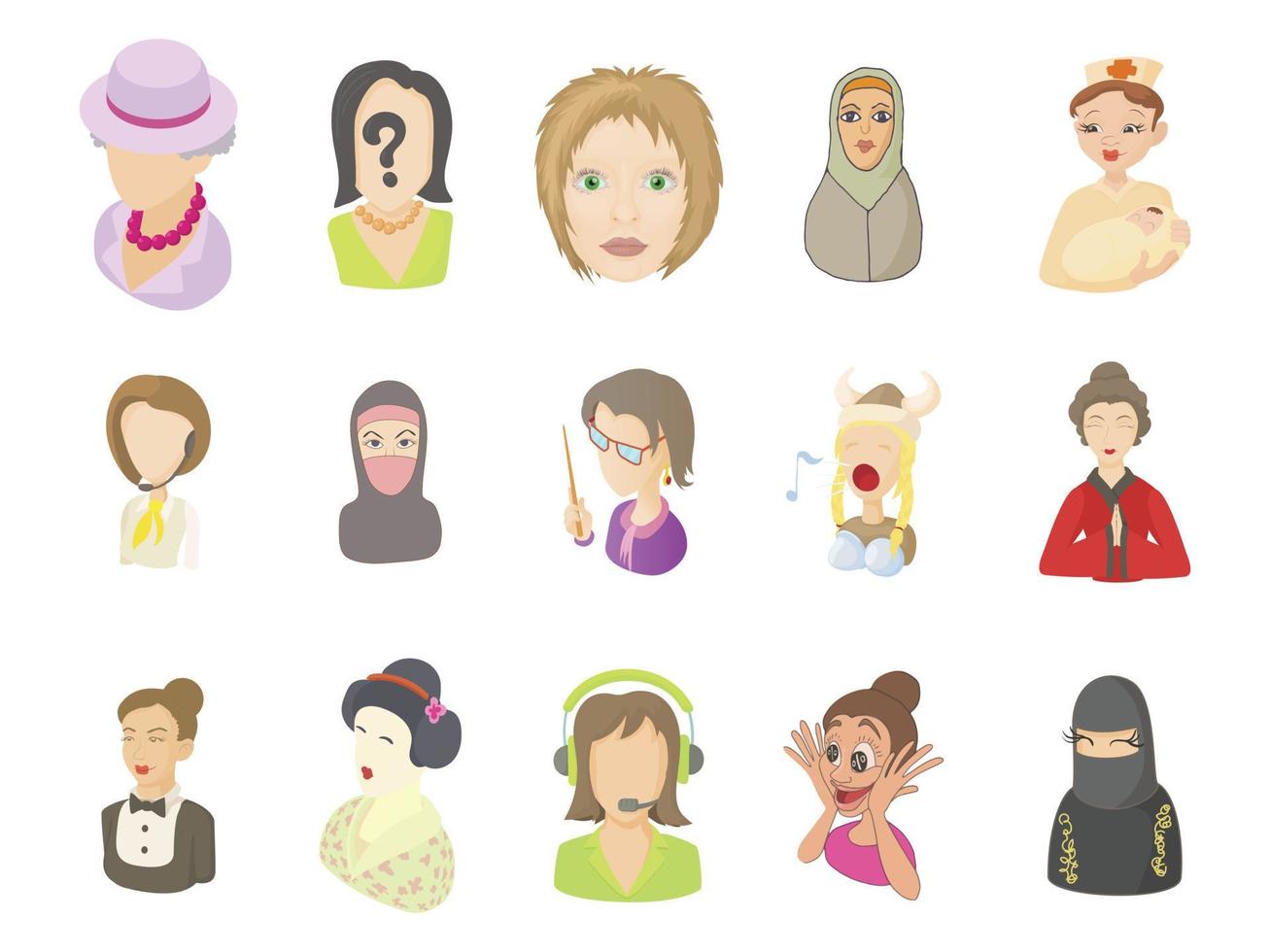 Woman avatar icon set, cartoon style vector