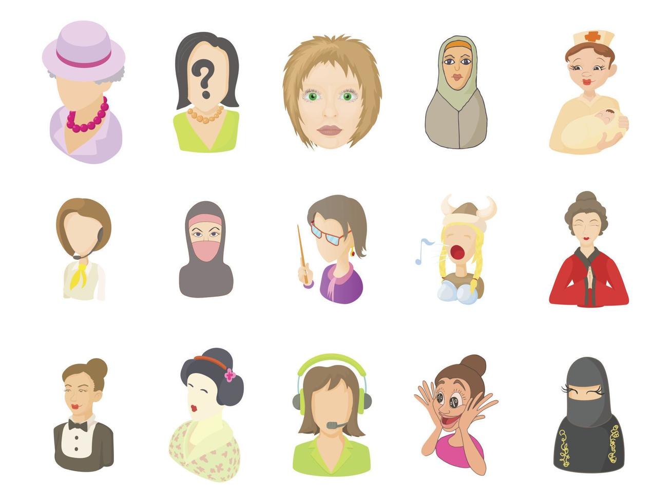 conjunto de iconos de avatar de mujer, estilo de dibujos animados vector