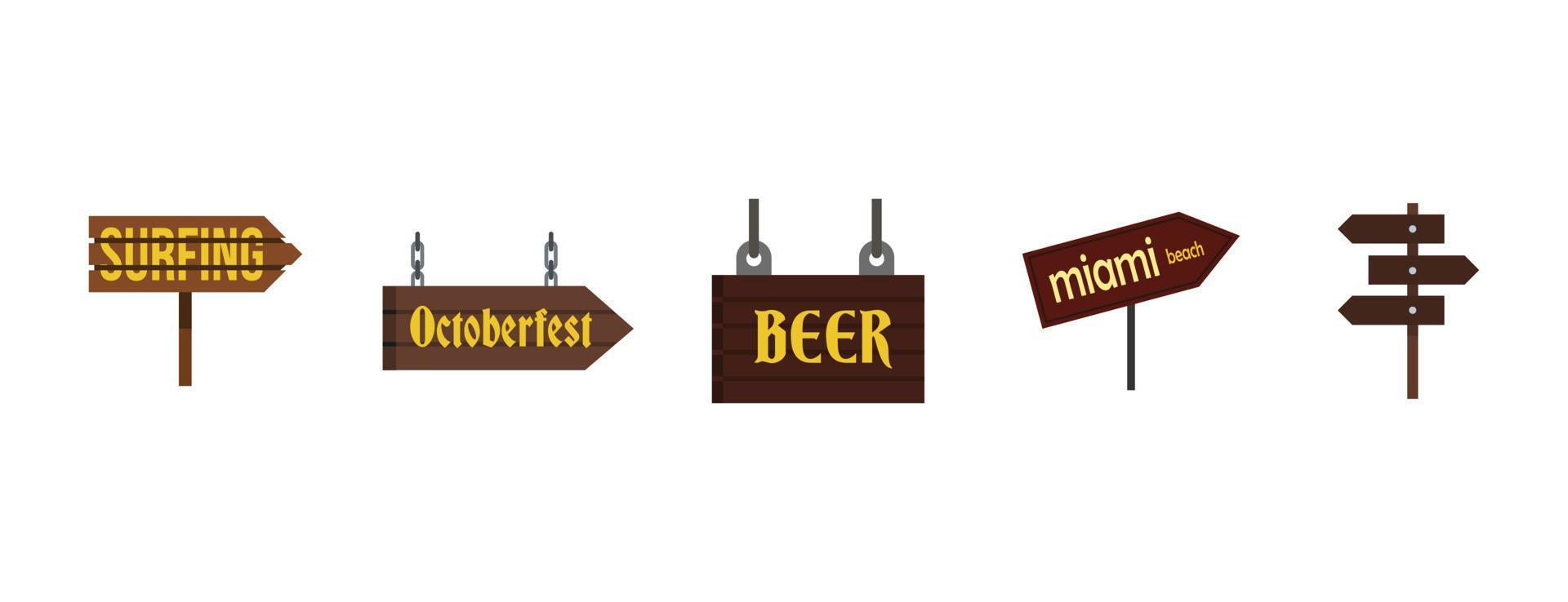 Direction wood sign icon set, flat style vector