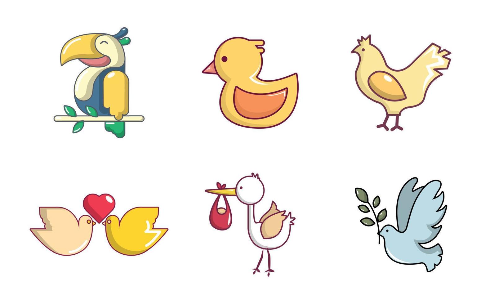 Birds icon set, cartoon style vector