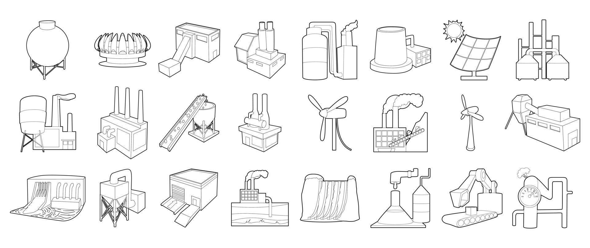 Factory icon set, outline style vector