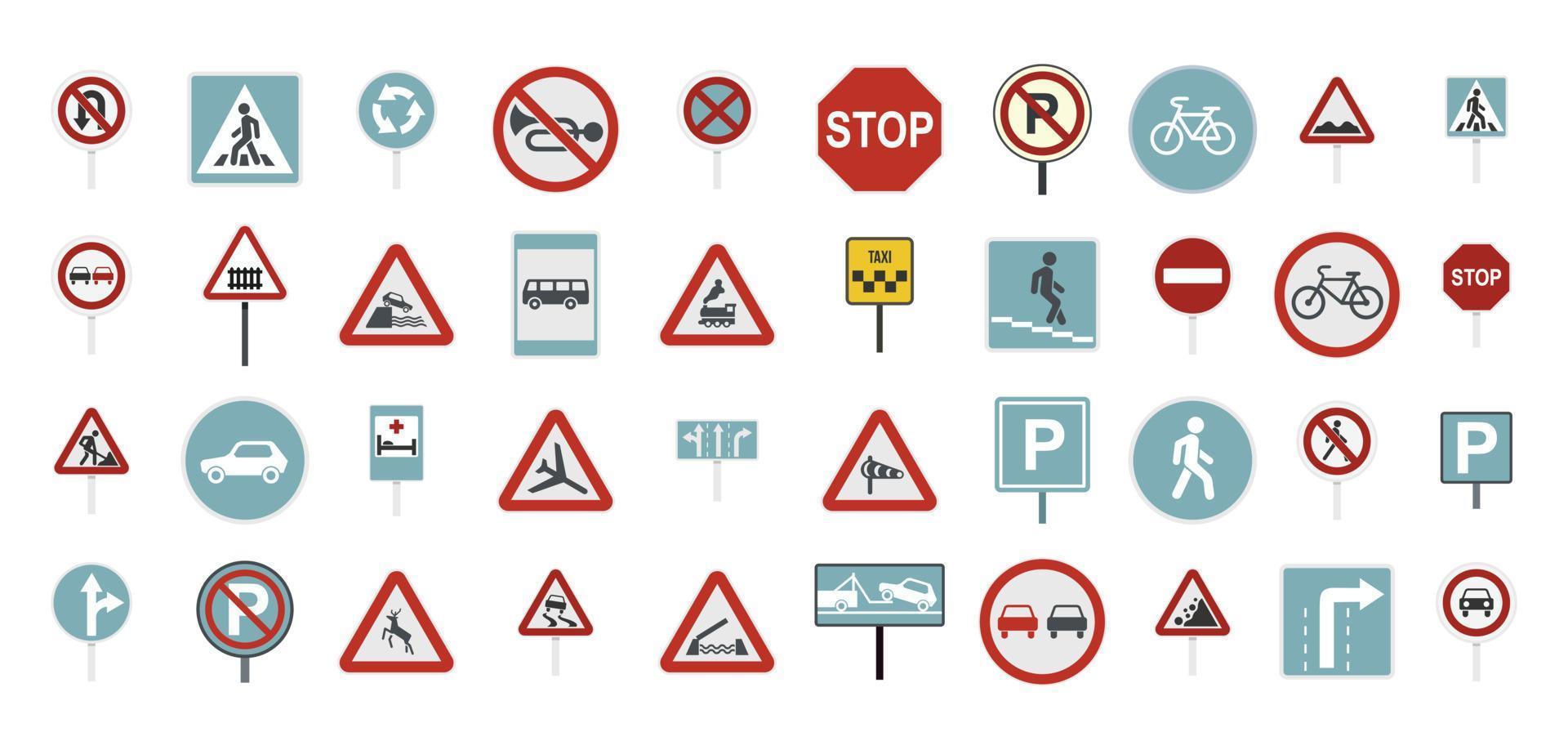 Road sign icon set, flat style vector