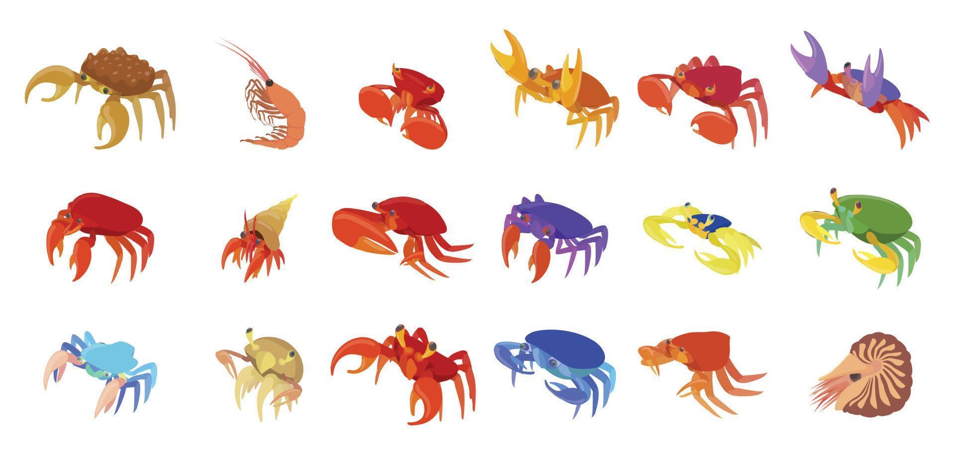 Crabs icon set, cartoon style vector