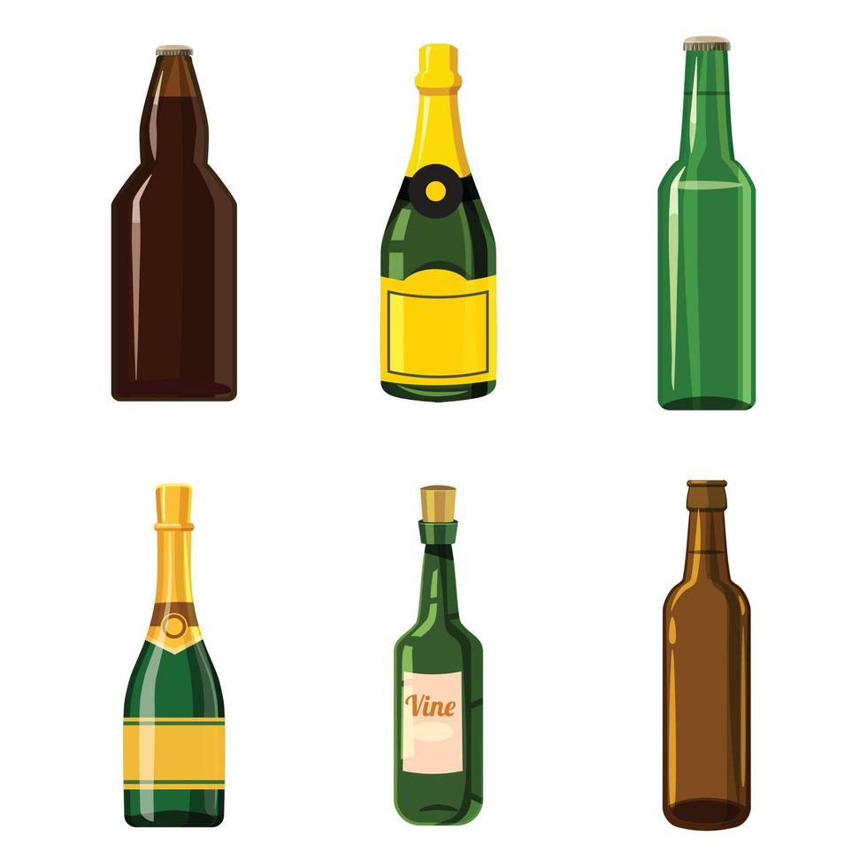 Alcohol bottle icon set, cartoon style vector