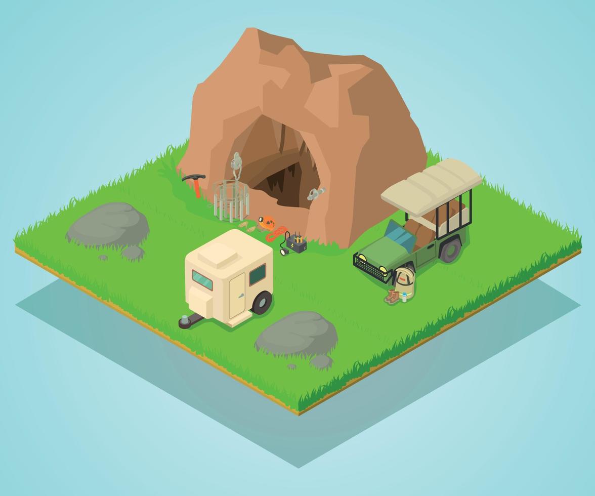 Research of cave concept banner, isometric style vector