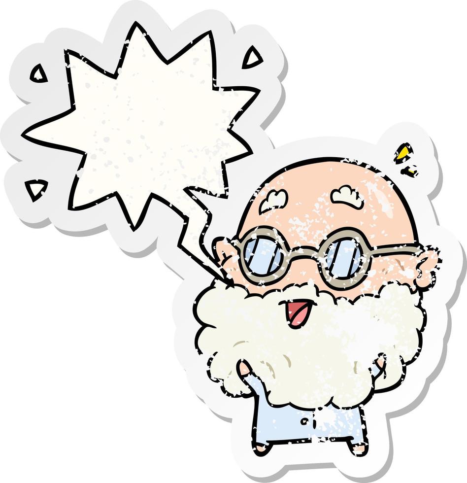 cute cartoon surprised old man and speech bubble distressed sticker vector