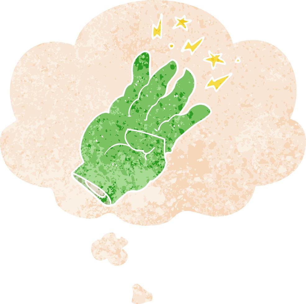 cartoon spooky magic hand and thought bubble in retro textured style vector