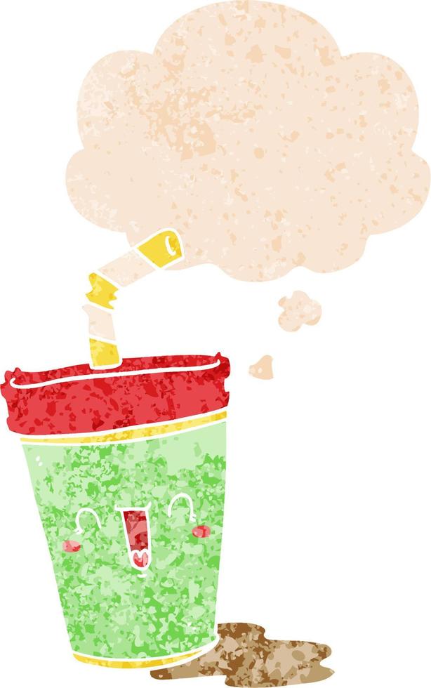cute cartoon soda and thought bubble in retro textured style vector
