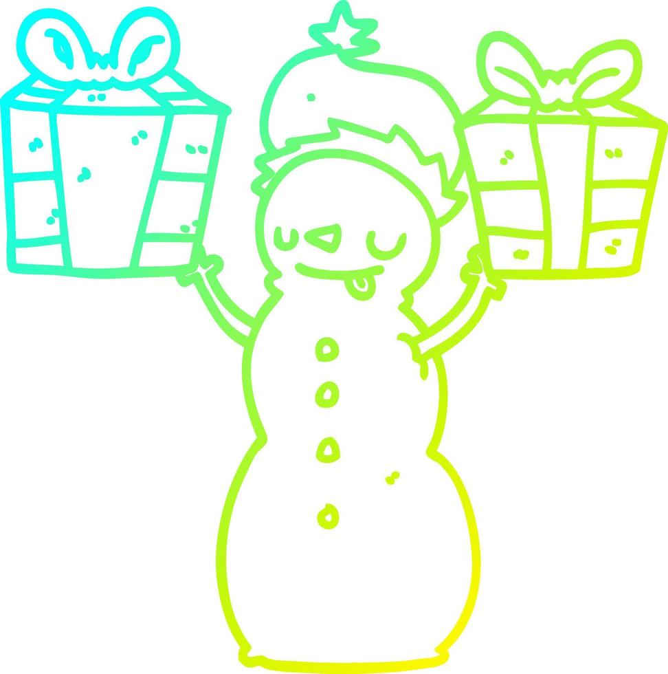 cold gradient line drawing cartoon snowman with present vector
