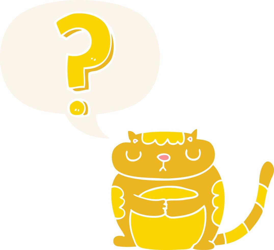 gato de dibujos animados y signo de interrogación y burbuja de habla en estilo retro vector