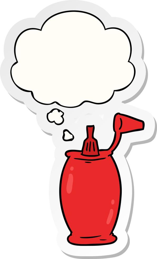 cartoon ketchup bottle and thought bubble as a printed sticker vector