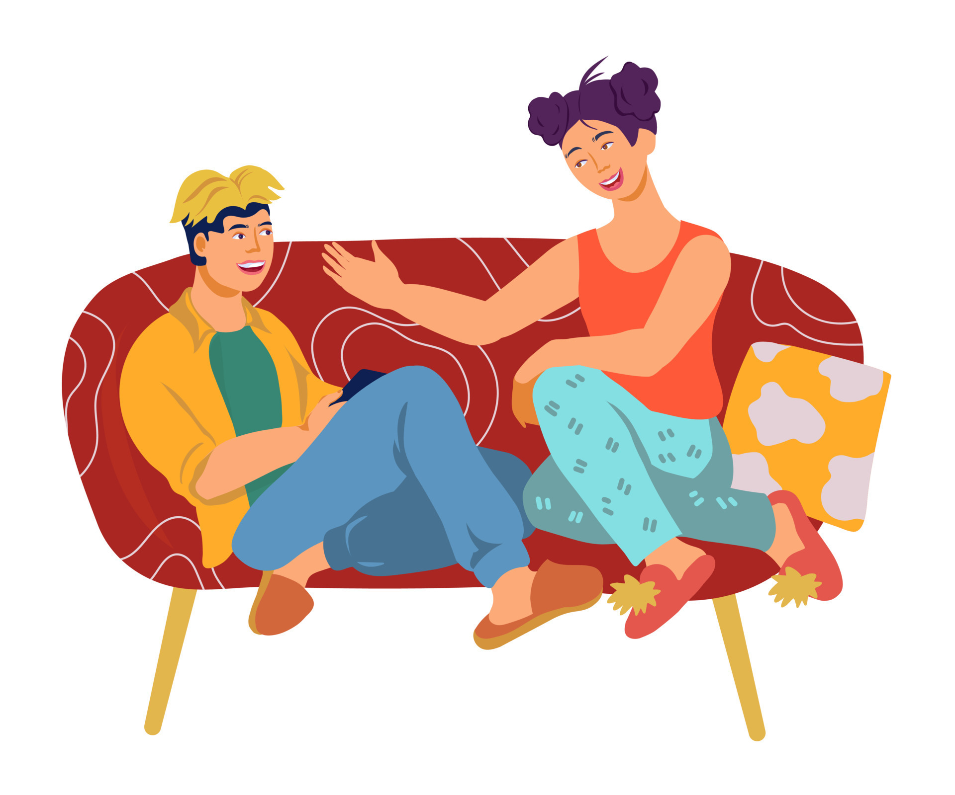 Man and woman cartoon characters, couple or roommates sitting on coach and talking, having conversation. Rest at home, communication and recreation. Flat vector illustration isolated on background. 8830829 Vector Art at Vecteezy Man and woman cartoon characters, couple or roommates sitting on coach and talking, having conversation. Rest at home, communication and recreation. Flat vector illustration isolated on background. 8830829 Vector Art at Vecteezy
