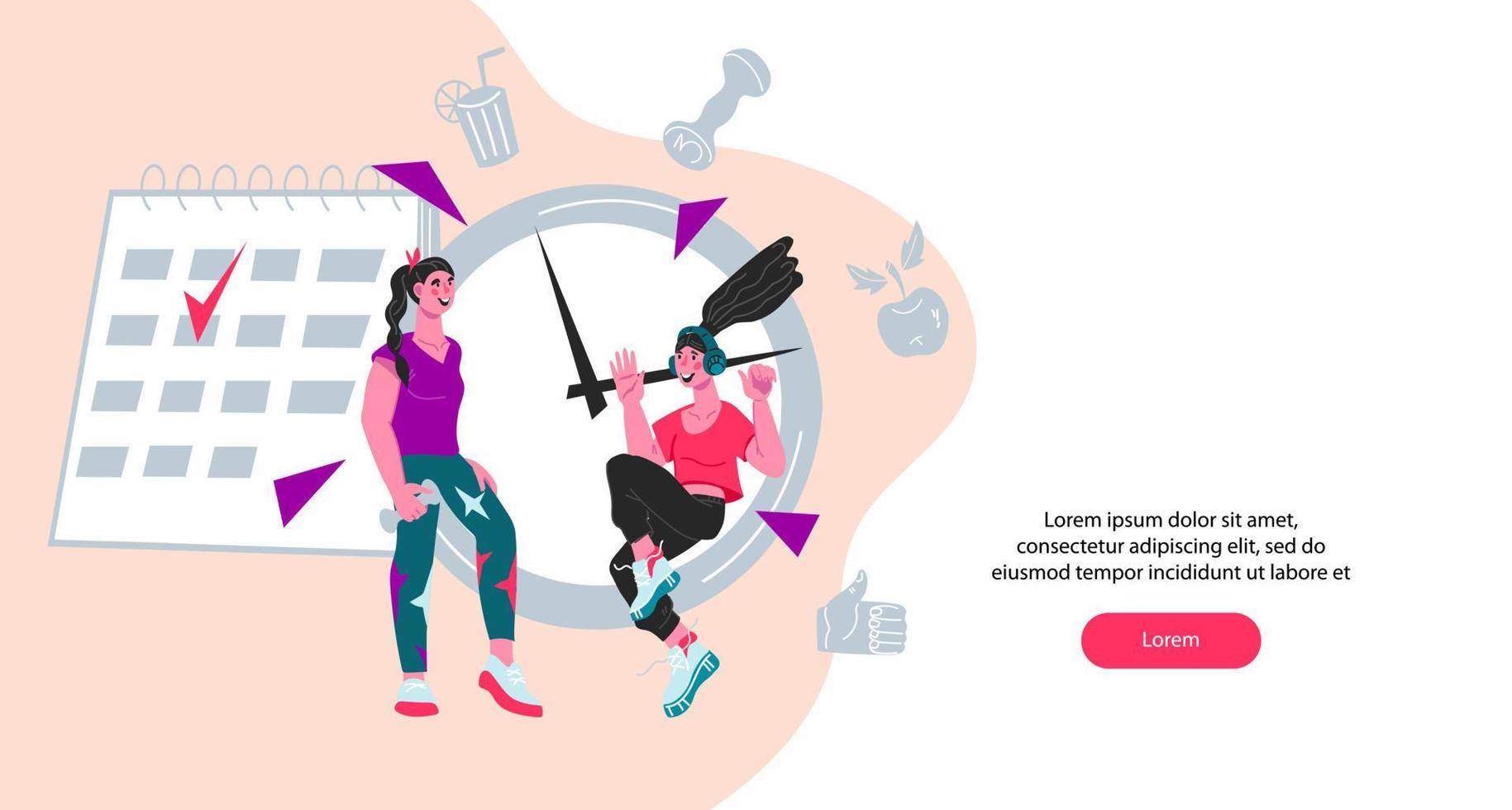 Personal fitness coaching and sport workout training web banner template with sportive young women. Weight control and dieting mobile app interface or landing page. Flat cartoon vector illustration.