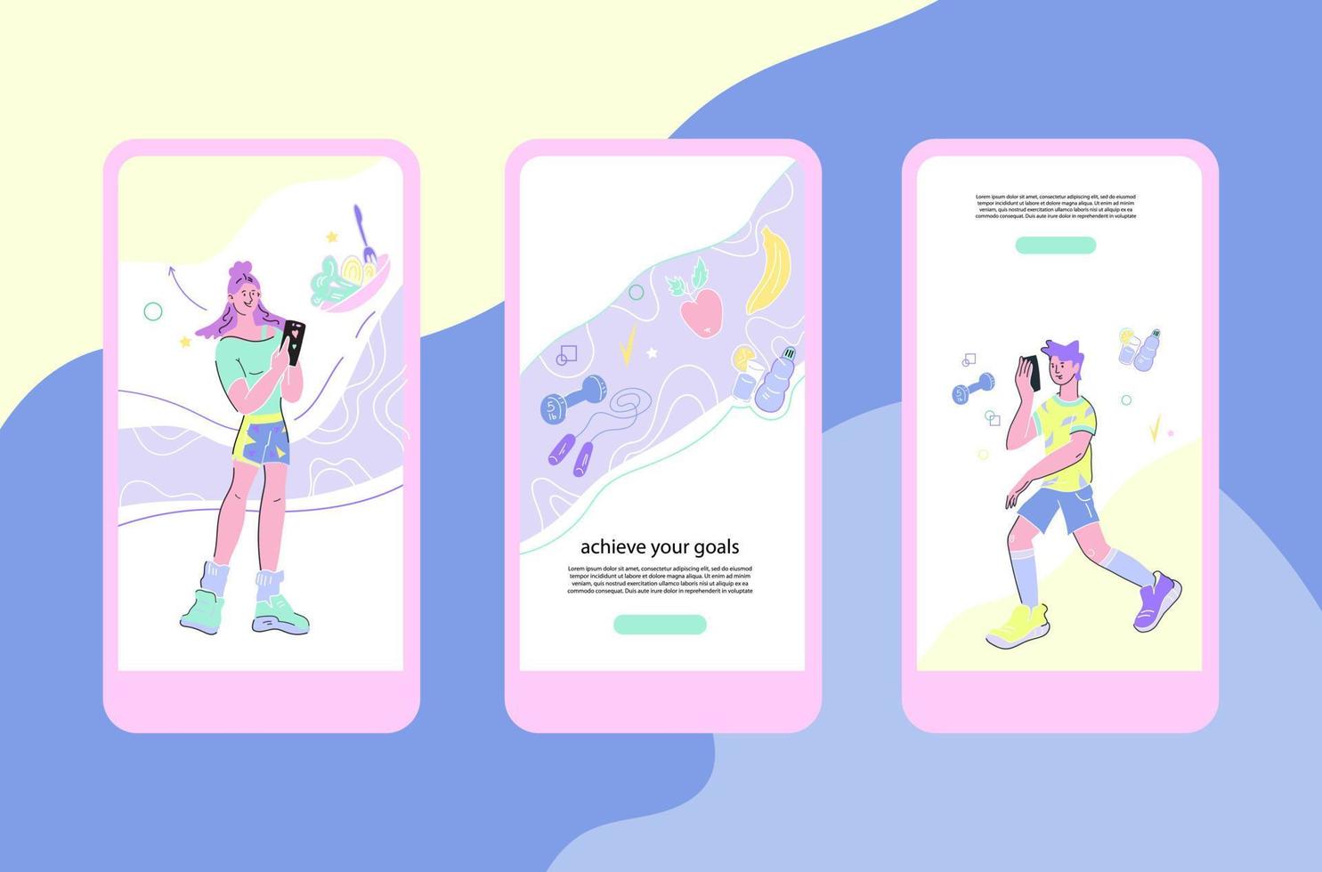 Set of running and sport training app interface templates on mobile phone screen. Modern technology for monitoring health, dieting and weight loss with people characters. Flat vector Illustration.