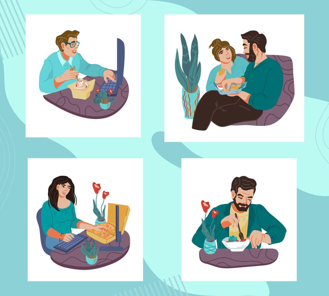 Set of people men and women eating and having a bite. Lunch break or dinner time in office or at home. Healthy and unhealthy food, dieting and snacking. Flat vector illustration isolated.