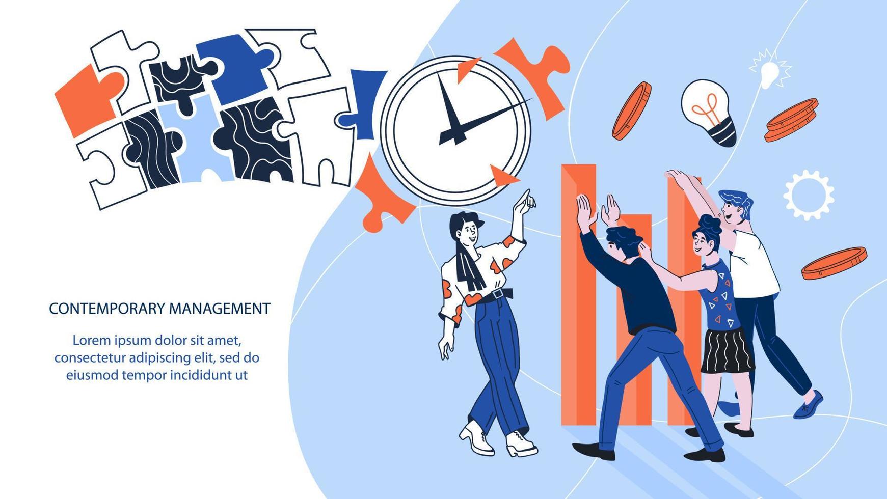 Web page template of contemporary management business technology and financial administration. Commercial marketing strategy, teamwork and time management. Cartoon vector illustration.