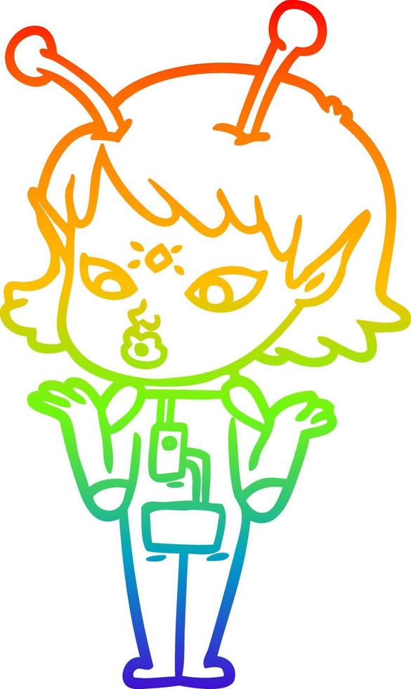 rainbow gradient line drawing pretty cartoon alien girl vector