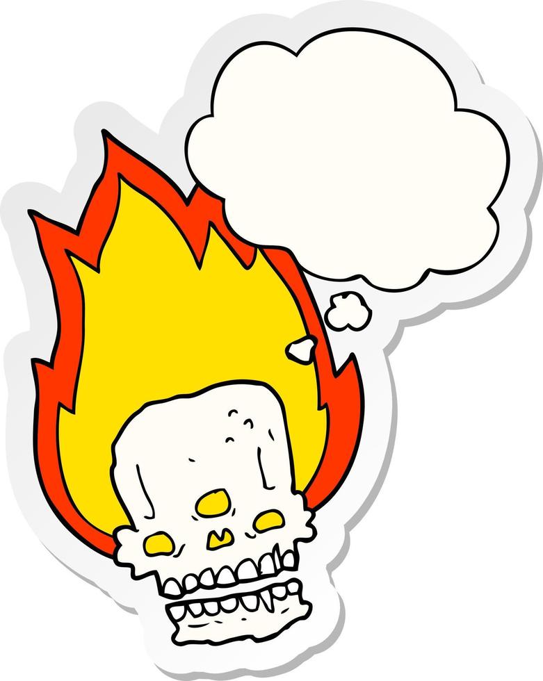 spooky cartoon flaming skull and thought bubble as a printed sticker vector
