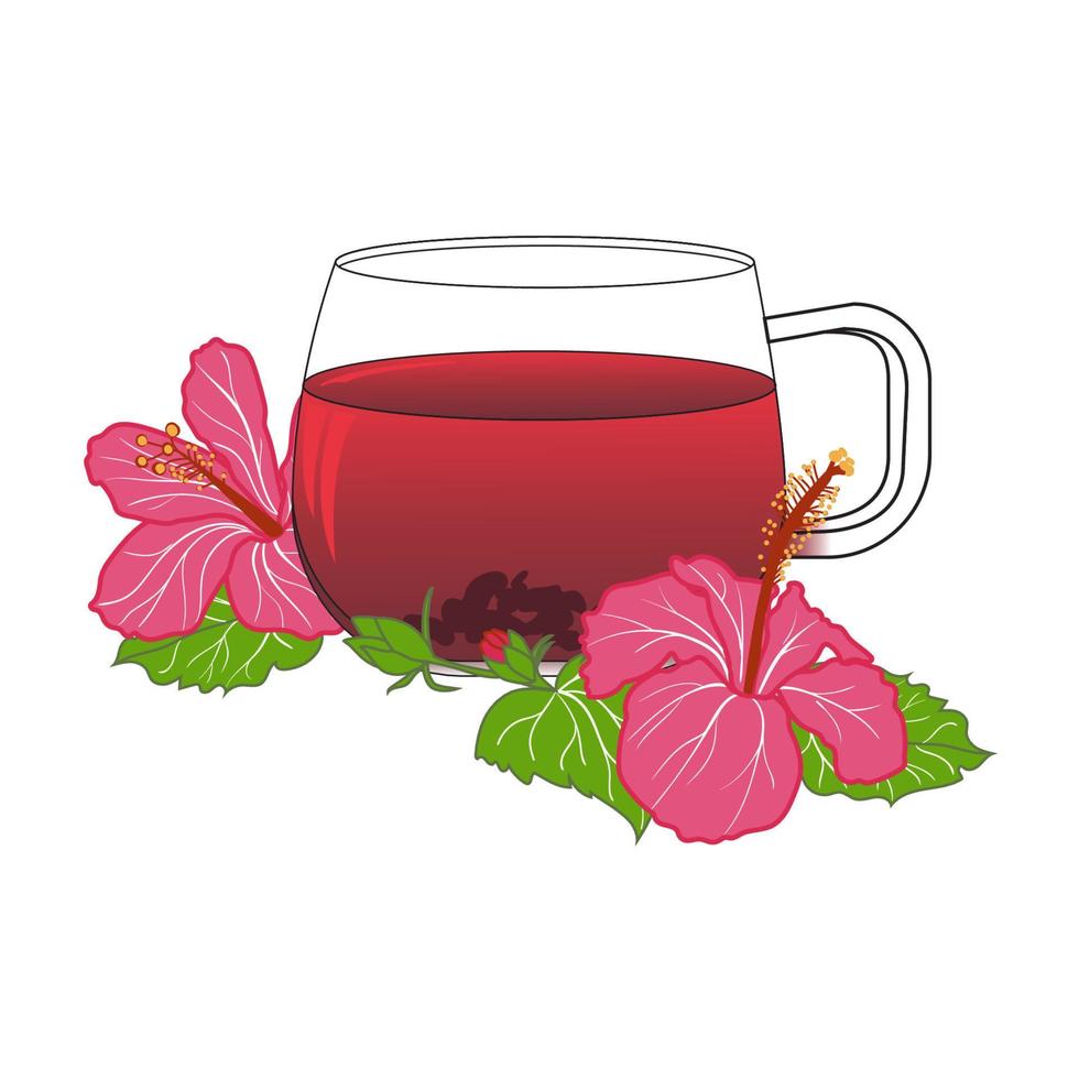 Cup of tea with hibiskus rose flowers. Background design for tea, homeopathy, herbal cosmetics, grocery, health care products with hibiskus tea or karkade. Vector isolated illustration