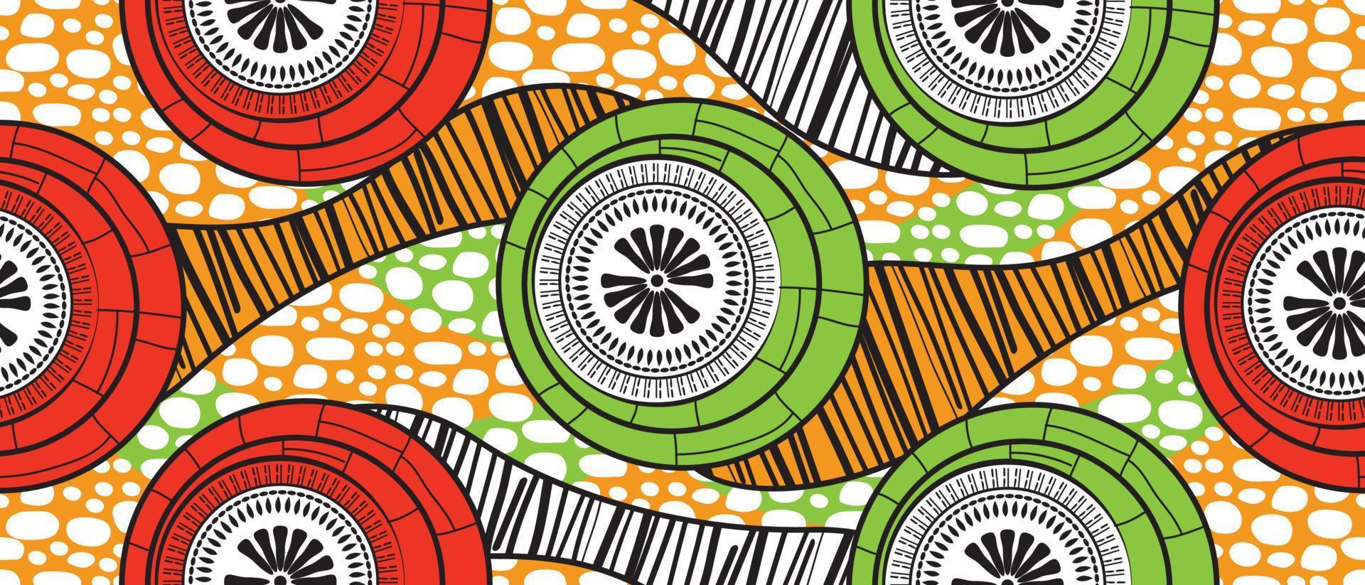 African traditional red, green and yellow pattern. seamless beautiful Kitenge, chitenge style. fashion design in colorful. Geometric circle abstract motif. Floral Ankara prints, African wax prints. vector