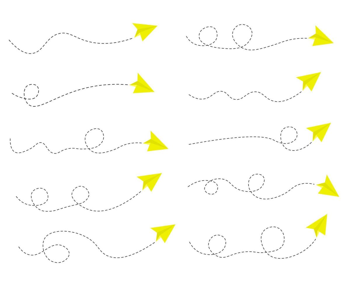 conjunto de ruta de avión de papel de línea discontinua vector