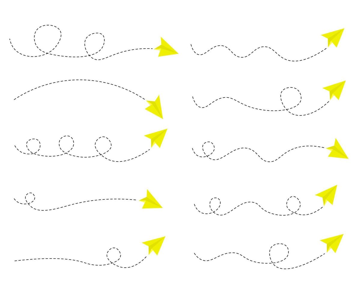 conjunto de ruta de avión de papel de línea discontinua vector