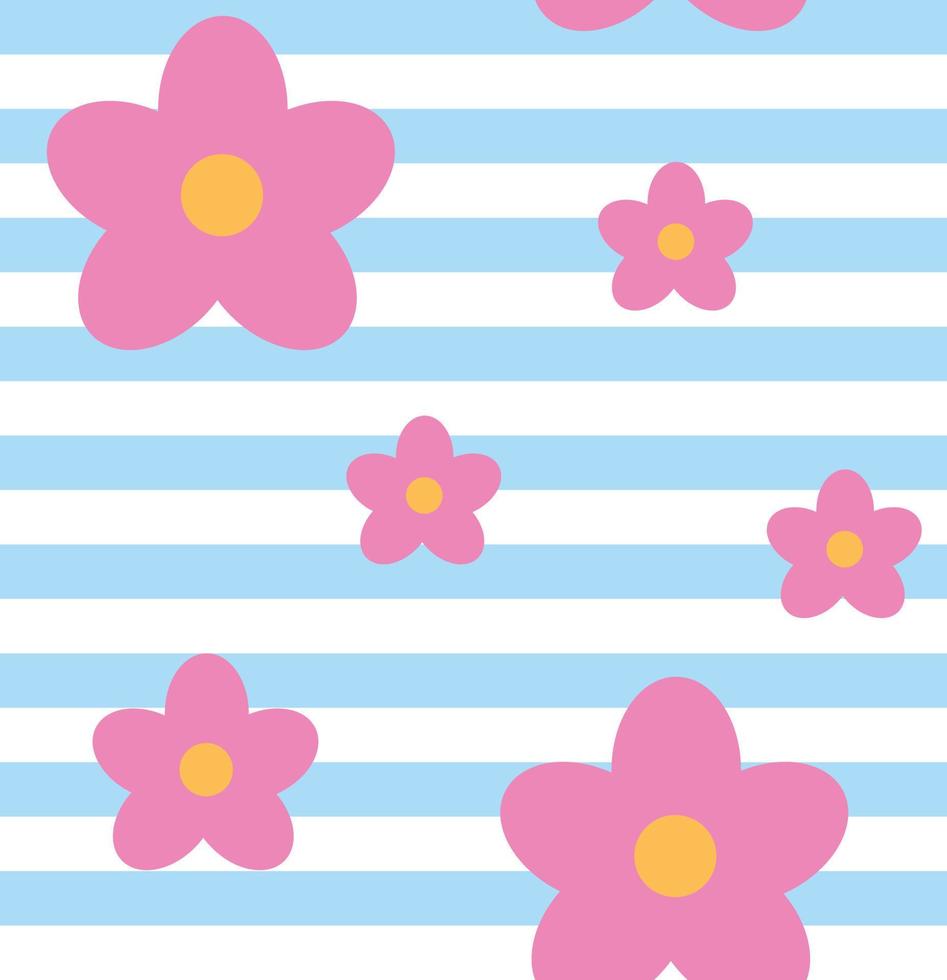 Cute seamless pattern with blue white stripe and pink doodle daisy flower. Fashion textile print, girlish wallpaper design. Vector illustration background.