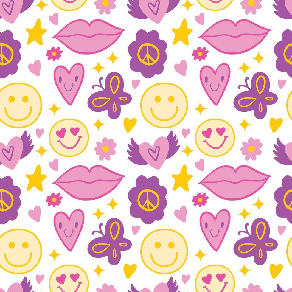 Groovy seamless pattern vector background with Retro hippie flowers and hearts. repeat texture wallpaper, textile design, print.