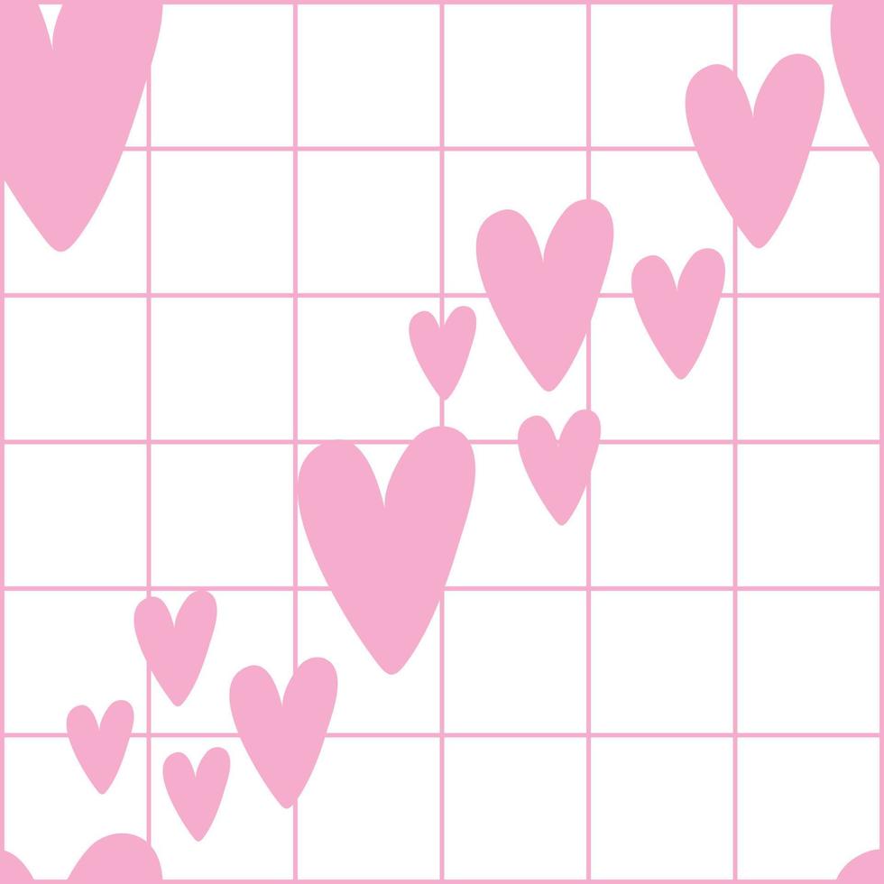 Pink and White Grid lines with hearts doodle. seamless pattern vector background. Retro vintage girlish repeat texture.