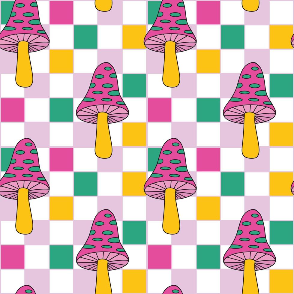 Groovy Checkerboard Grid seamless pattern with colorful trippy psychedelic spotted amanita mushroom. seamless pattern vector background. Retro hippie bright repeat texture design