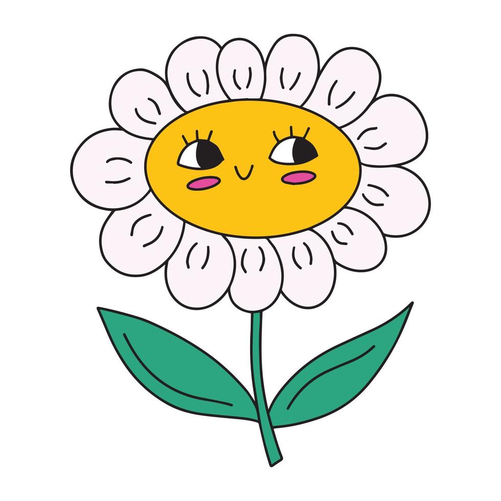 Cute kawaii daisy chamomile flower with smiling face and leaves. vector illustration isolated on white background. Sweet plant character, retro 90s design element, print
