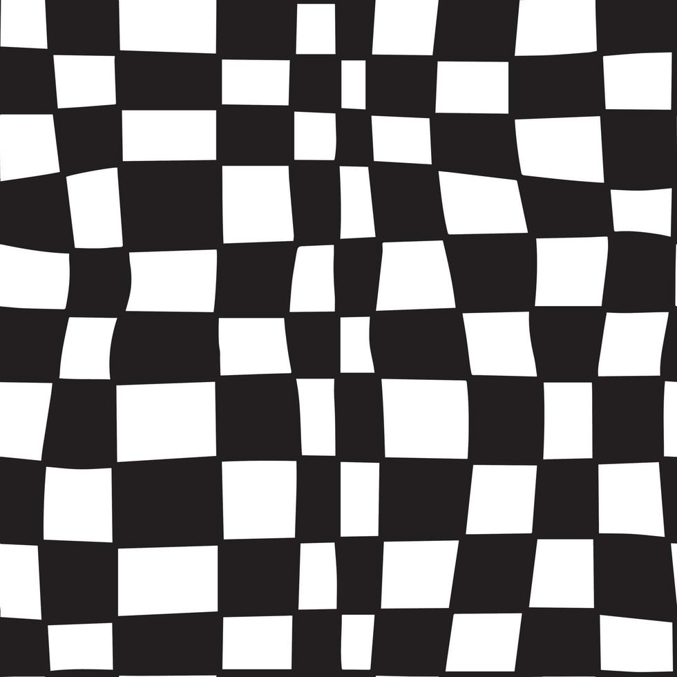 black and white Groovy Wavy Melted Psychedelic Hand Drawn Checkerboard seamless pattern vector background. Retro hippie trippy optical repeat texture wallpaper, textile design.
