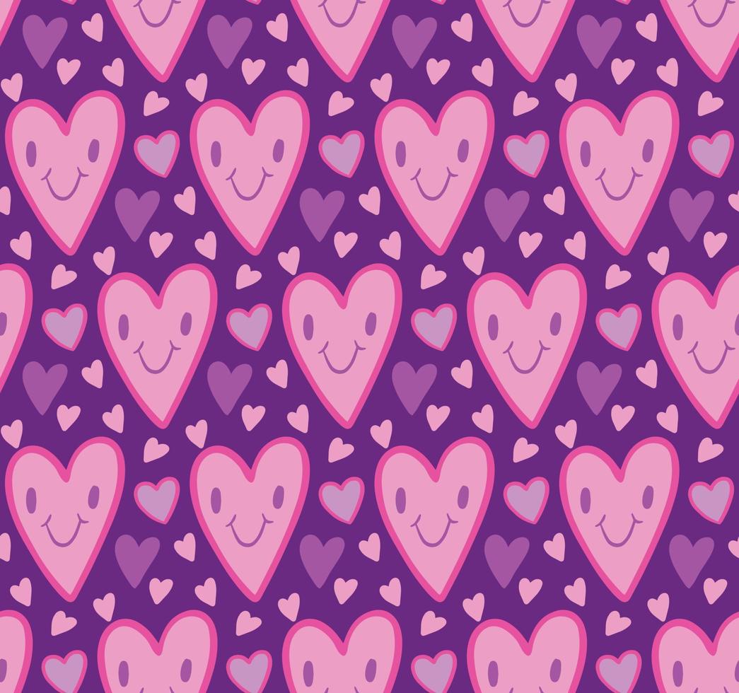 lindo fondo de patrón sin costuras con corazones con cara de sonrisa sobre fondo púrpura. telón de fondo vectorial brillante, estampado nostálgico retro de los 90, papel pintado. vector