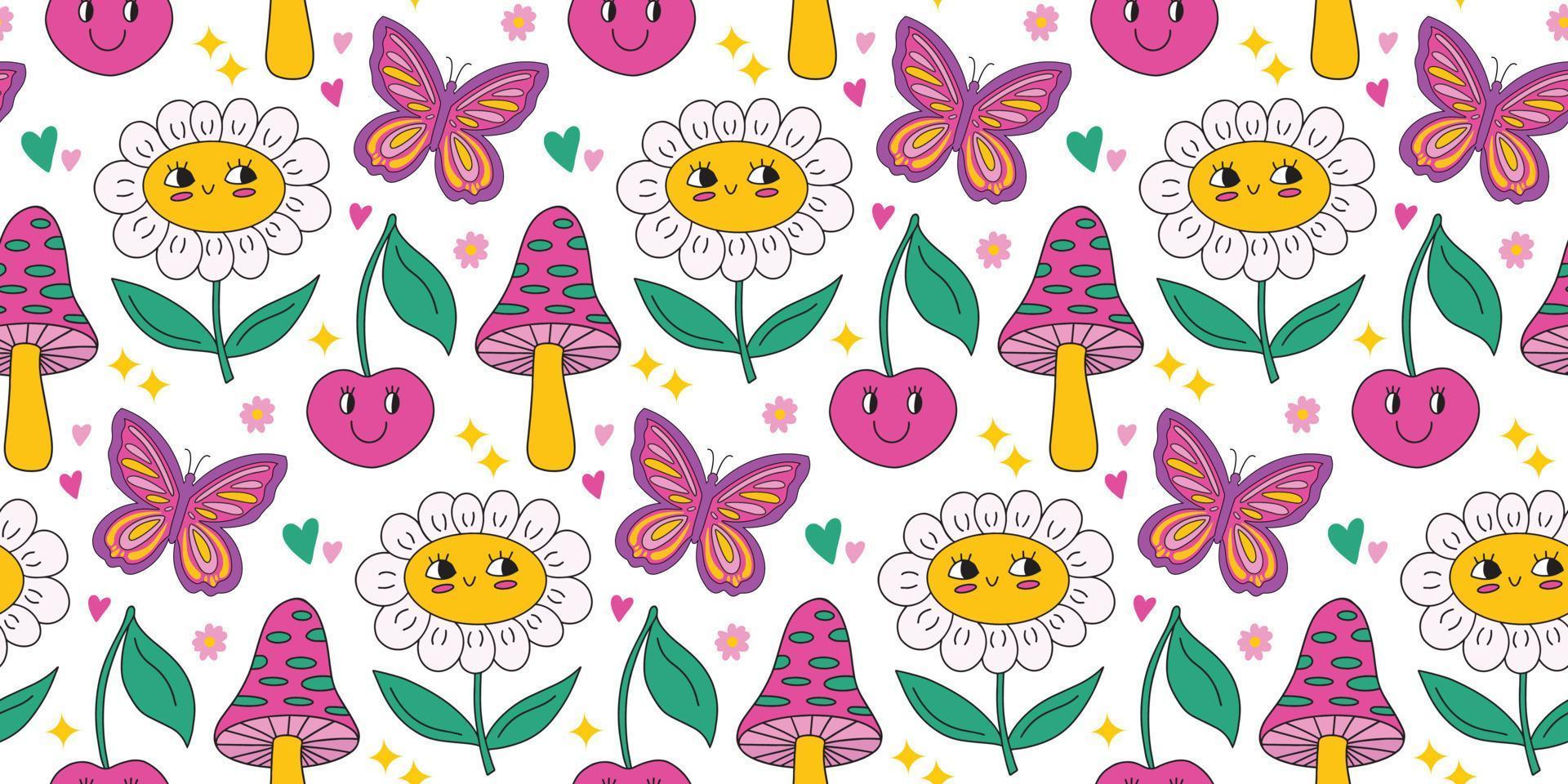Cute kawaii daisy seamless pattern background with daisy chamomile flower, cherry with smile face, butterfly, trippy groovy mushroom. Bright vector background colorful elements. retro 90s print.