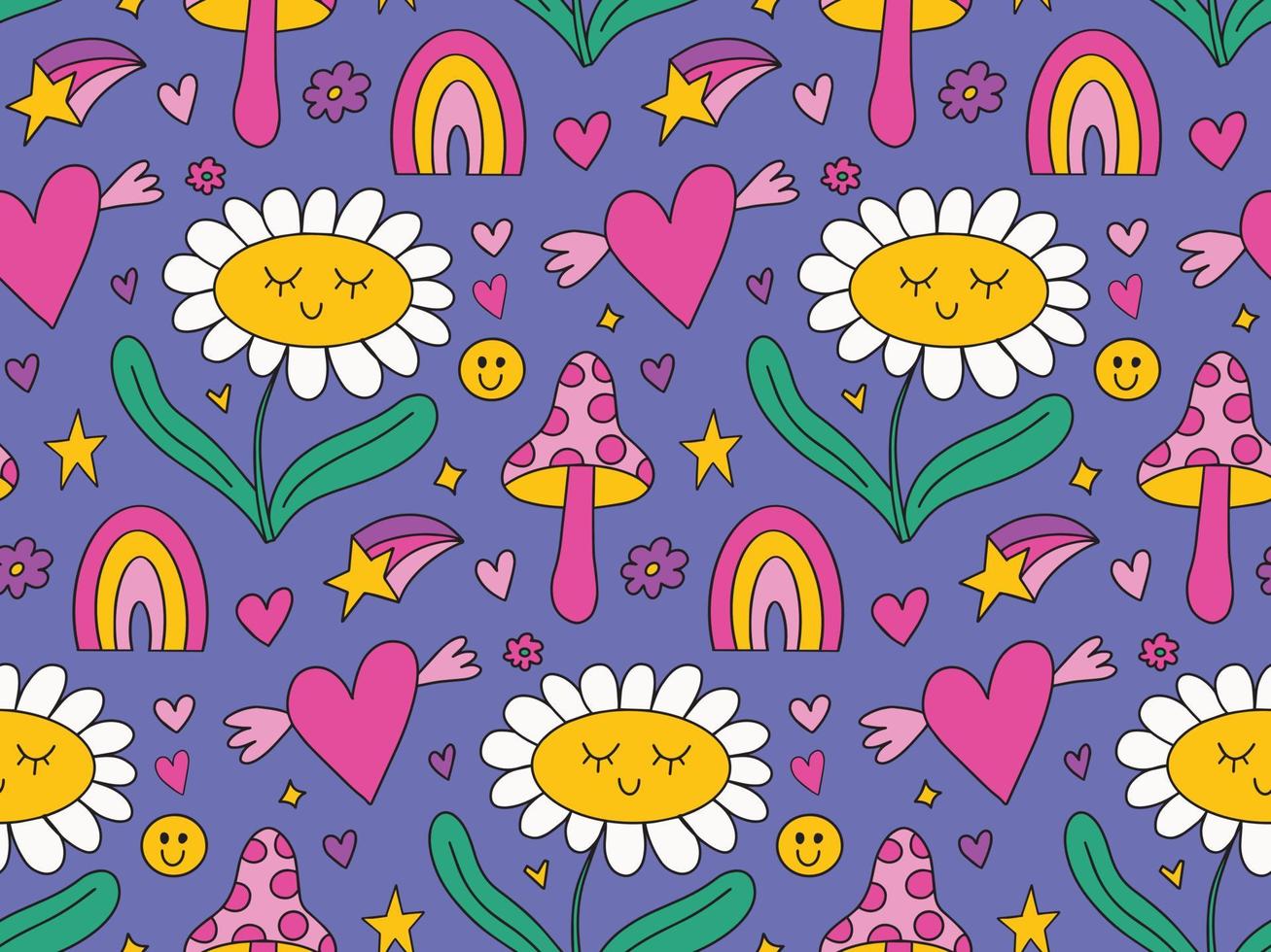 Cute kawaii daisy seamless pattern background with daisy chamomile flower, hearts, rainbow, trippy groovy mushroom on blue backdrop. Bright vector retro 90s, 2000s print background, wallpaper.